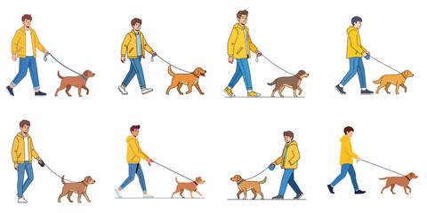 Vector illustration set of men walking various breeds of dogs on leashes, daily routine of pet ownership and animal care.