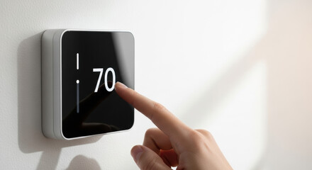 Close up of a hand adjusting the temperature to 70 degrees on a digital thermostat mounted on a white wall. The thermostat is a modern, smart home device.