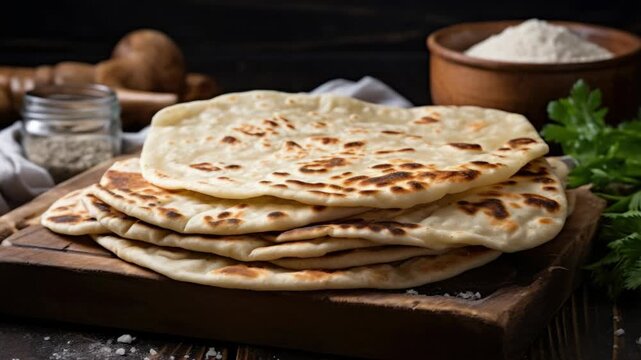 A stack of traditional Indian chapati flatbread with a rustic wooden table in the background