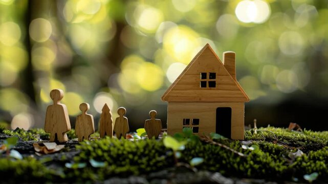 An intricately carved wooden house sits atop a moss-covered rock, accompanied by cut-out figures of people and trees. The scene exudes a sense of tranquility and whimsy.