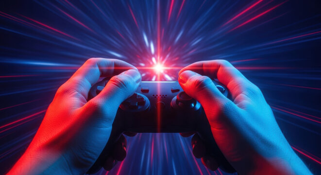 Close-up of hands holding a game controller with red and blue neon light streaks in the background suggesting speed and virtual gaming. The shot captures the excitement of electronic gaming.