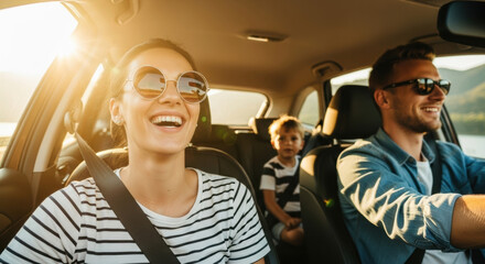 Cheerful family enjoys a sun-drenched car ride, with mountains and lake views visible. The safe drive evokes carefree leisure and vacation vibes.
