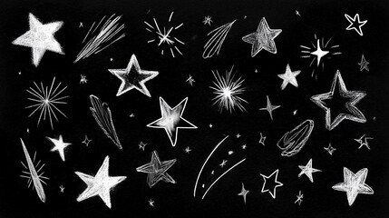 hand drawn stars doodle, chalkboard space illustration, sketchy star background