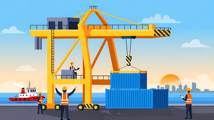 Busy port terminal operations with a giant gantry crane loading shipping containers onto a cargo ship at sunset, illustrating global logistics and freight transportation
