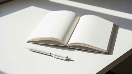 Fototapeta premium Open Notebook with Pen on White Table Under Natural Light for Creative Writing or Note-taking