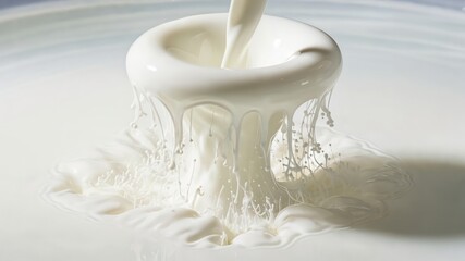 High-Speed Capture of Milk Splashing on White Surface Displaying Texture and Movement in Close-Up Photography