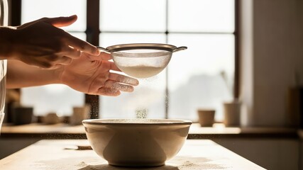 Hands Sifting Flour into Bowl in Cozy Kitchen with Sunlight Streaming Through Window