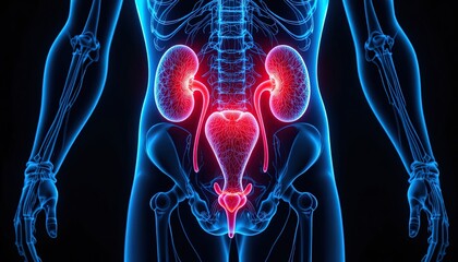 Human anatomy illustration highlights the kidneys and urinary tract within the body outline