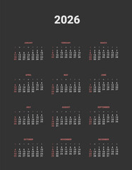 Vertical Annual Calendar Template 2026. Vector layout of wall or desk vertical simple calendar with week start on Sunday in black dark color. Weekends highlighted in red. Page A4 in Minimal style