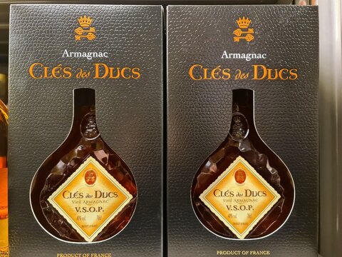 Kiel, Germany - 27. December 2025: Armagnac Cl&eacute;s des Ducs V.S.O.P. Bottles on retail shelf