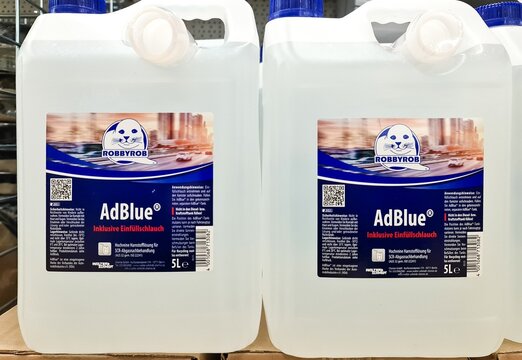 Kiel, Germany - 27. December 2025: AdBlue diesel exhaust fluid containers reducing emissions