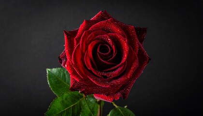 A vibrant, close-up shot of a deep red rose with water droplets on its petals, set against a dark background