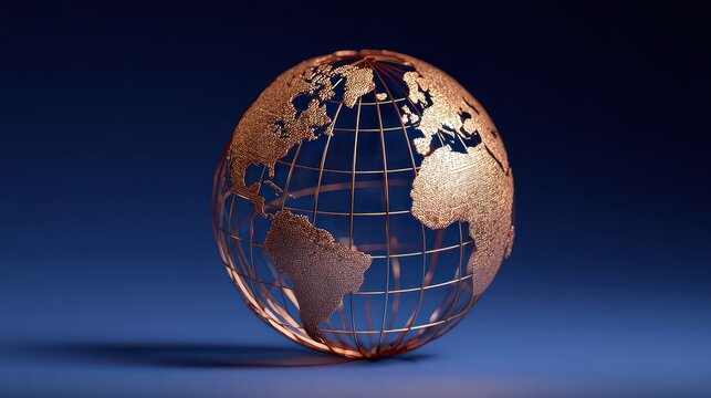 Copper Wireframe Globe Model on a Blue Gradient Background Studio Shot - Powered by Adobe