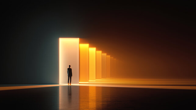 Personal Choice and Opportunity Concept with Silhouette Standing Before Glowing Doorway Steps