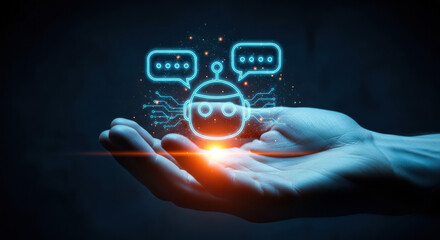 A palm holds a holographic chatbot with glowing speech bubbles on a dark background, symbolizing future communication, artificial intelligence, and modern technology.