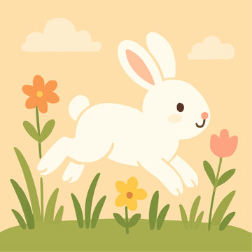 Rabbit in Meadow Flat Vector Wildlife