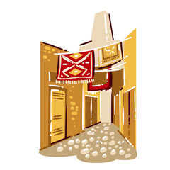 Narrow Moroccan medina street with traditional houses, hanging carpets, textured walls and stone pavement, old town architecture, travel culture symbol, cartoon flat style, vector illustration.