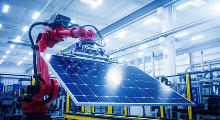 Red robotic arm precisely assembling a solar panel in a modern manufacturing facility, highlighted by blue tones and bright fluorescent lighting. Focuses on technology and automation.
