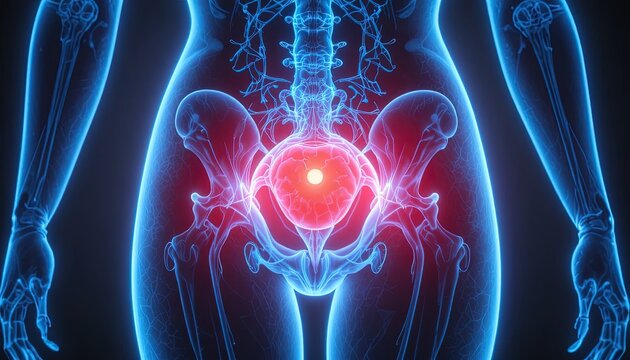 Illuminated depiction showcases internal view of female pelvic anatomy highlighting inflammation or discomfort in the central region