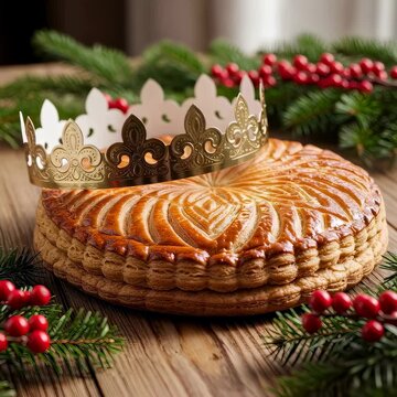 Decorative king cake with a golden paper crown on wood table with festive greenery for Epiphany celebration