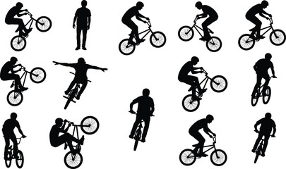 Obraz premium Large collection of black silhouettes of BMX riders performing various stunts, mid-air jumps, and freestyle tricks on bicycles isolated on white,