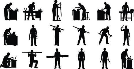  Silhouette construction workers using tools and equipment performing industrial tasks, carpenter handyman mechanic labor poses for building, repair, maintenance, workshop vector illustration
