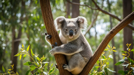 A koala hugging a tree trunk in an Australian eucalyptus forest, a natural, cute, and iconic wildlife portrait.