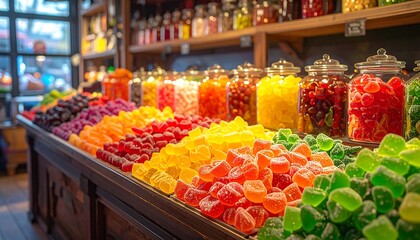 Obraz premium A vibrant, colorful display of assorted gummy candies and preserved fruits, neatly arranged in a shop setting. Shelves are stocked with many different jars