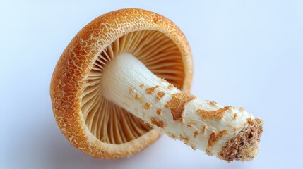 Close Up View of Wild Mushroom with Orange Speckled Cap and White Stem on Soft White Background