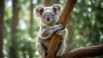 Fototapeta premium A koala hugging a tree trunk in an Australian eucalyptus forest, a natural, cute, and iconic wildlife portrait.