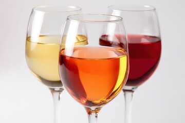 Three Wine Glasses With Different Colored Wines Against a White Background Studio Shot