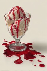 Vanilla Ice Cream with Red Sauce in Clear Glass Goblet on White Background