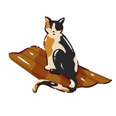 Moroccan street cat sitting on rug. Traditional city animal, calm pose, everyday life symbol, travel atmosphere. Doodle style, vector illustration.