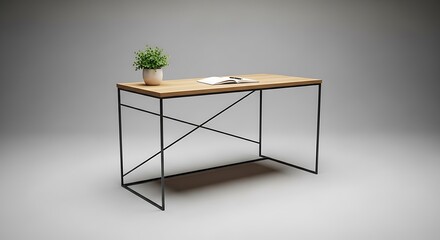 Modern minimalist wooden desk with a potted plant on a plain gray background, minimalist home office furniture