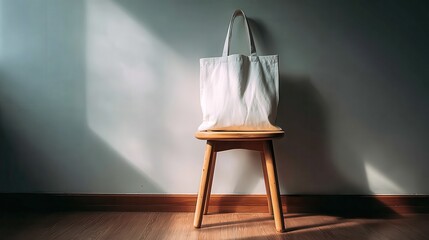 White Fabric Tote Bag on Wooden Stool Against Wall with Shadows in Bright Interior Studio Lighting