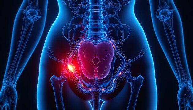 Depiction of female pelvic structure highlighting areas of inflammation or pain