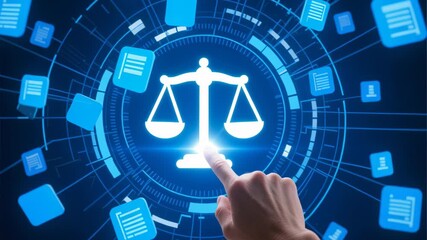 Digital law scale illuminated by fingertip network security interface touchscreen technology hand touching glowing justice scale representing legal data network blockchain software development