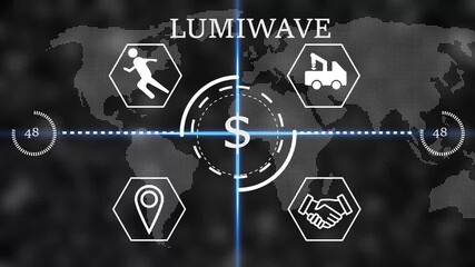 lumiwave Futuristic global business finance HUD interface with dollar sign in center, world map background and line icons for logistics, partnership, location and activity. Digital economy, - Powered by Adobe