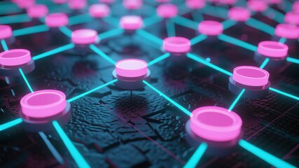 Blockchain based technology business digital software development network security background neon nodes connected glowing grid illustrating modern decentralized system and secure infrastructure - Powered by Adobe