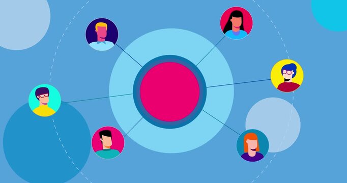 Human heads animated with red circle on blue background. Men and women heads with gestures moves in color circles. Motion design video business explainer style info graphic moving illustration.
