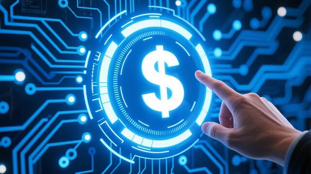Blockchain chain technology business digital software development network security background financial concept glowing dollar interface human hand touching pointing conveying innovation trust