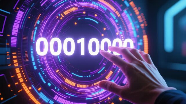 Futuristic hand touching binary holographic interface with neon circular touchscreen cyber data interface blockchain technology network security digital software development