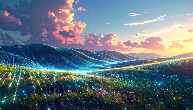 A vibrant digital landscape with luminous fields and rolling hills under a colorful sky at sunset. The stylized scene glows