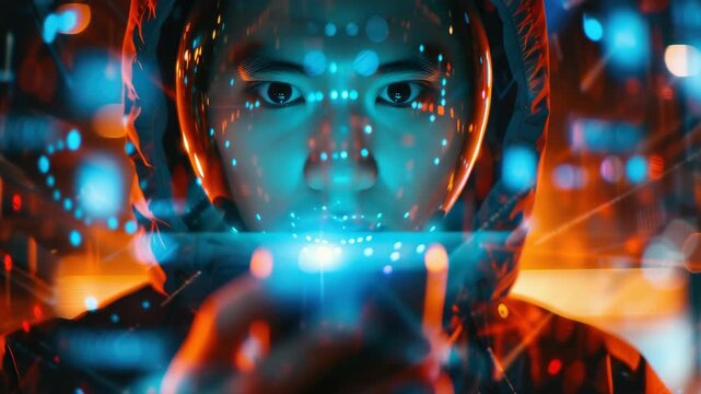 Close-up of a man's face as he interacts with a vibrant holographic display. He is concentrating on the digital world around him.