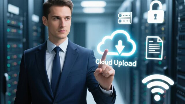 Blockchain based technology business digital software development network security background, cloud upload icon, professional server room creating secure data transfer suit touchscreen data