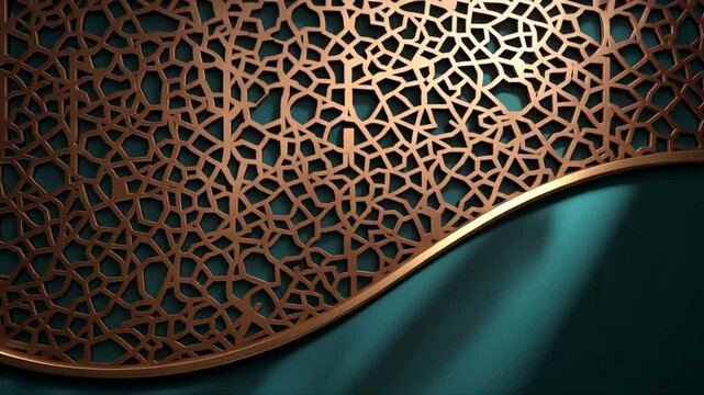 Ethereal Islamic pattern with golden light rays on a teal background forming an abstract symmetry in a premium Ramadan wallpaper video