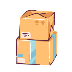 Stacked cardboard boxes with labels and tape, packed parcels ready for shipping, delivery and logistics concept, cartoon doodle style, simple shapes, soft colors, vector illustration.