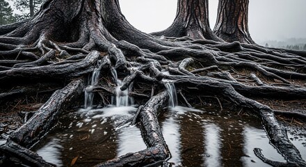 Majestic Tree Roots and Water Reflections.