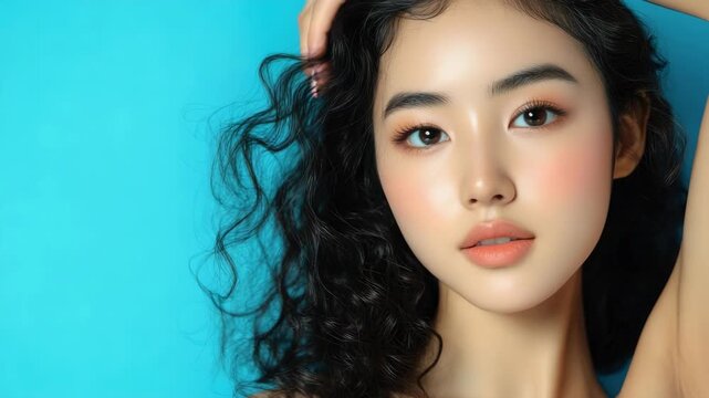 Close-up portrait of a young woman with stunning features and glossy hair against a vibrant blue background.