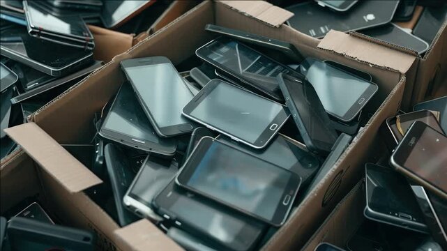 A stack of cardboard boxes filled with discarded damaged smartphones.